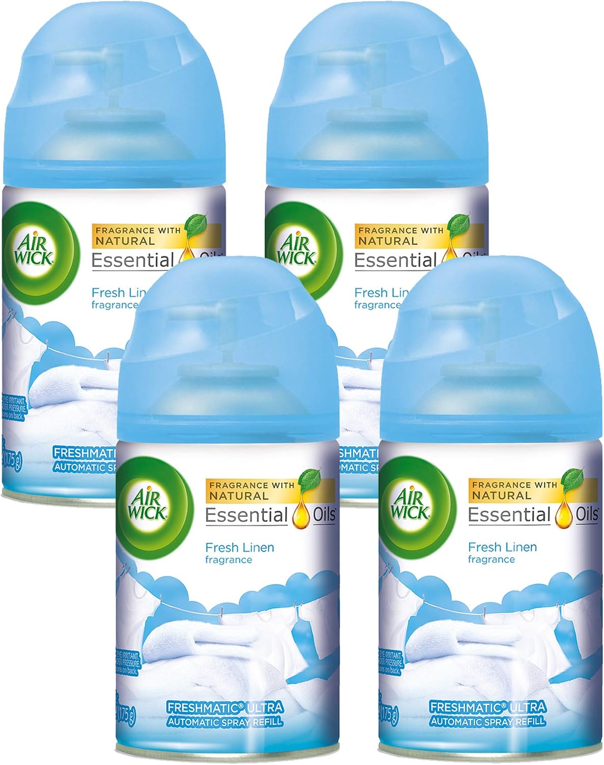 Air Wick Freshmatic 4 Refills Automatic Spray, Fresh Linen, 4ct, New Look, Same familiar smell of Fresh Laundry, Essential Oil, Odor Neutralization, Packaging May Vary