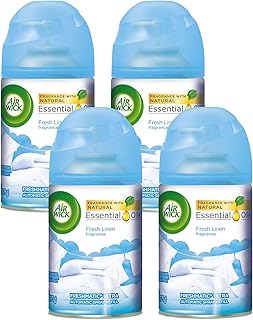 Air Wick Freshmatic 4 Refills Automatic Spray, Fresh Linen, 4ct, New Look, Same familiar smell of Fresh Laundry, Essential Oil, Odor Neutralization, Packaging May Vary