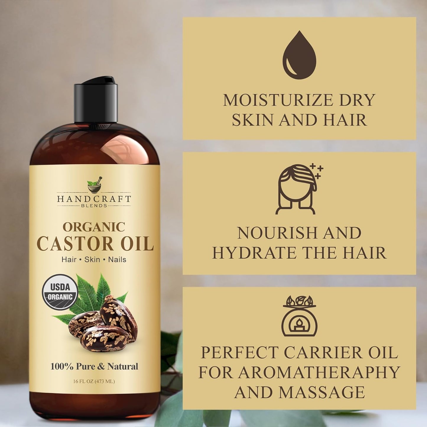 Handcraft Blends Rich Care Set: Organic Castor Oil and Apricot Kernel Oil – (2 x 16 Fl Oz) – 100% Pure & Natural – Carrier Oils for Hair, Skin, and Massage