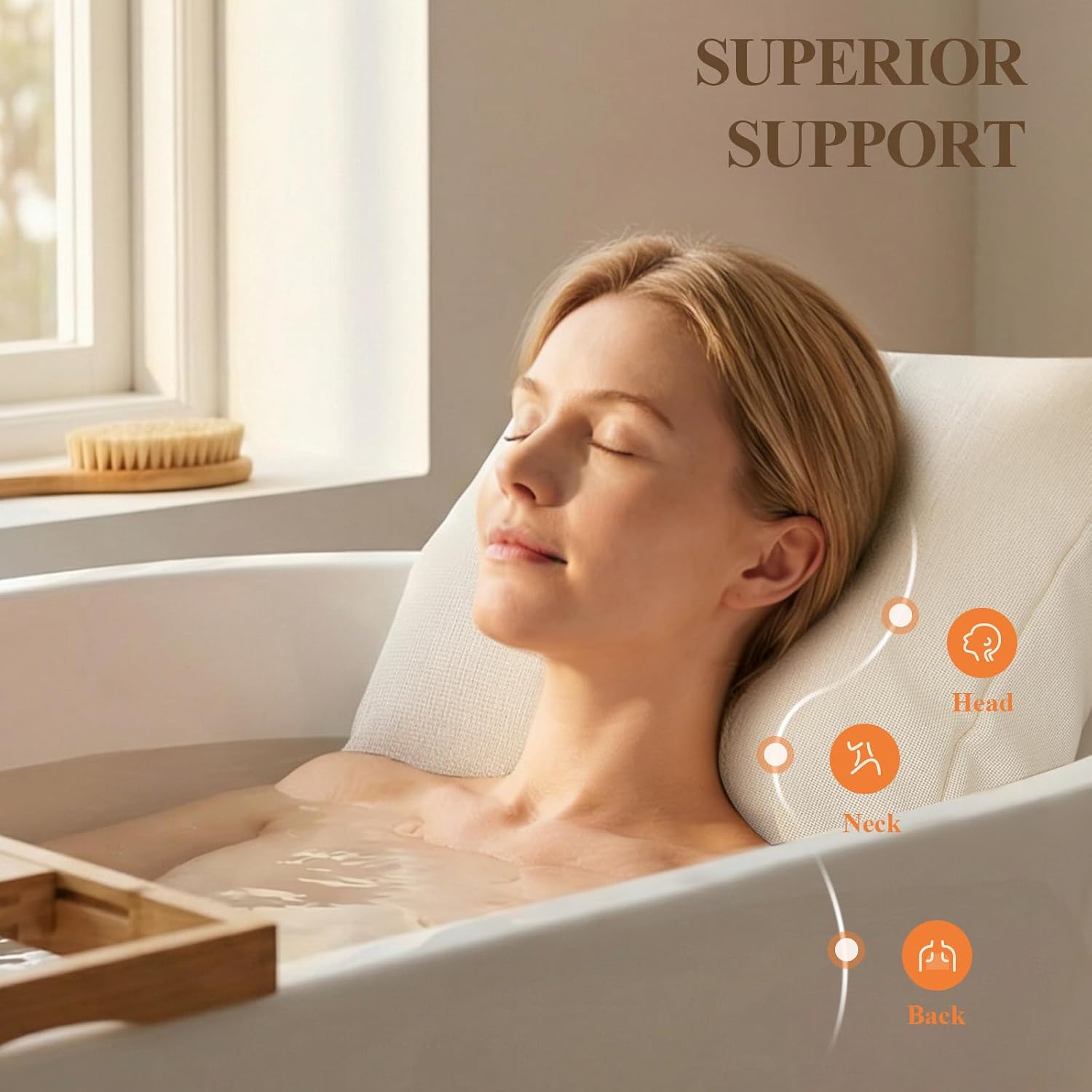 Luxury Bathtub Pillow,Head,Neck & Back Support,Quick-Drying 5D Mesh Core,Gift for Bath Lovers,Adjustable Thickness Fits Any Bathtubs,Easy to Maintain,Beige White