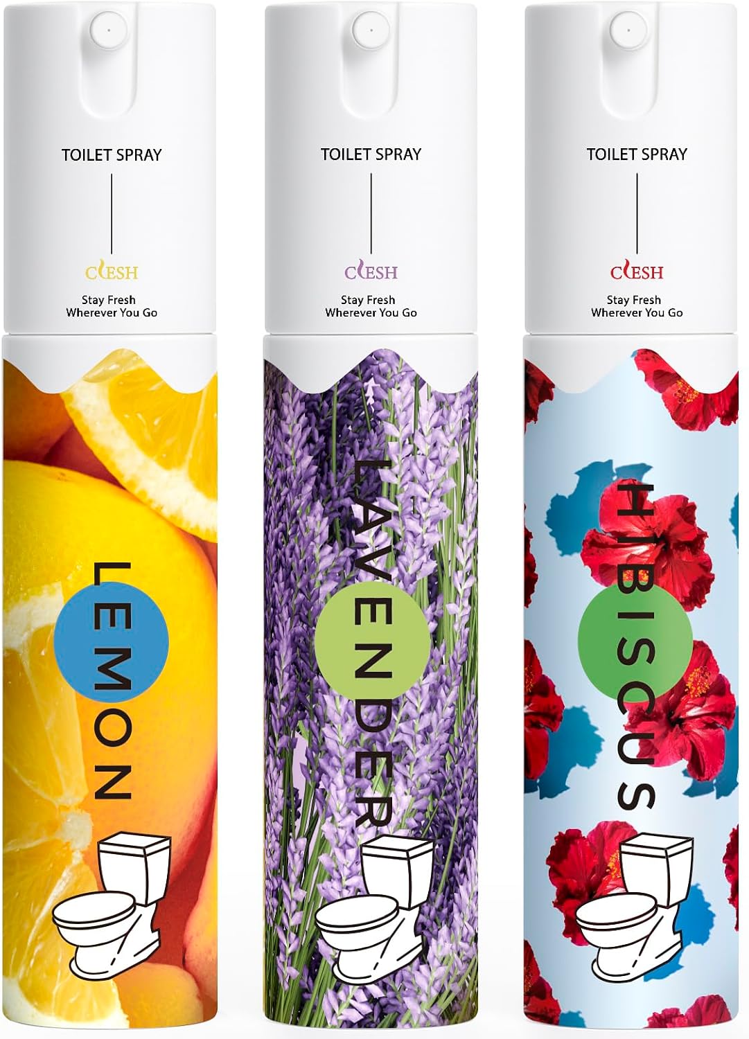 Travel Size Toilet Spray, Bathroom Odor Eliminator, 3 Pack, 1 fl oz Each, Up to 150 Uses, For Home and Travel, Essential Oils Freshener Spray, Lemon, Hibiscus, Lavender