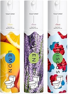 Travel Size Toilet Spray, Bathroom Odor Eliminator, 3 Pack, 1 fl oz Each, Up to 150 Uses, For Home and Travel, Essential Oils Freshener Spray, Lemon, Hibiscus, Lavender