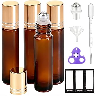 PrettyCare 4 Pack Amber Glass Oil Roller Bottles for Essential Oils 10ml, Roll On Bottles with Stainless Steel Roller Ball Leak-Proof Perfume Travel Refillable Bottle Empty, Beauty & Personal Care