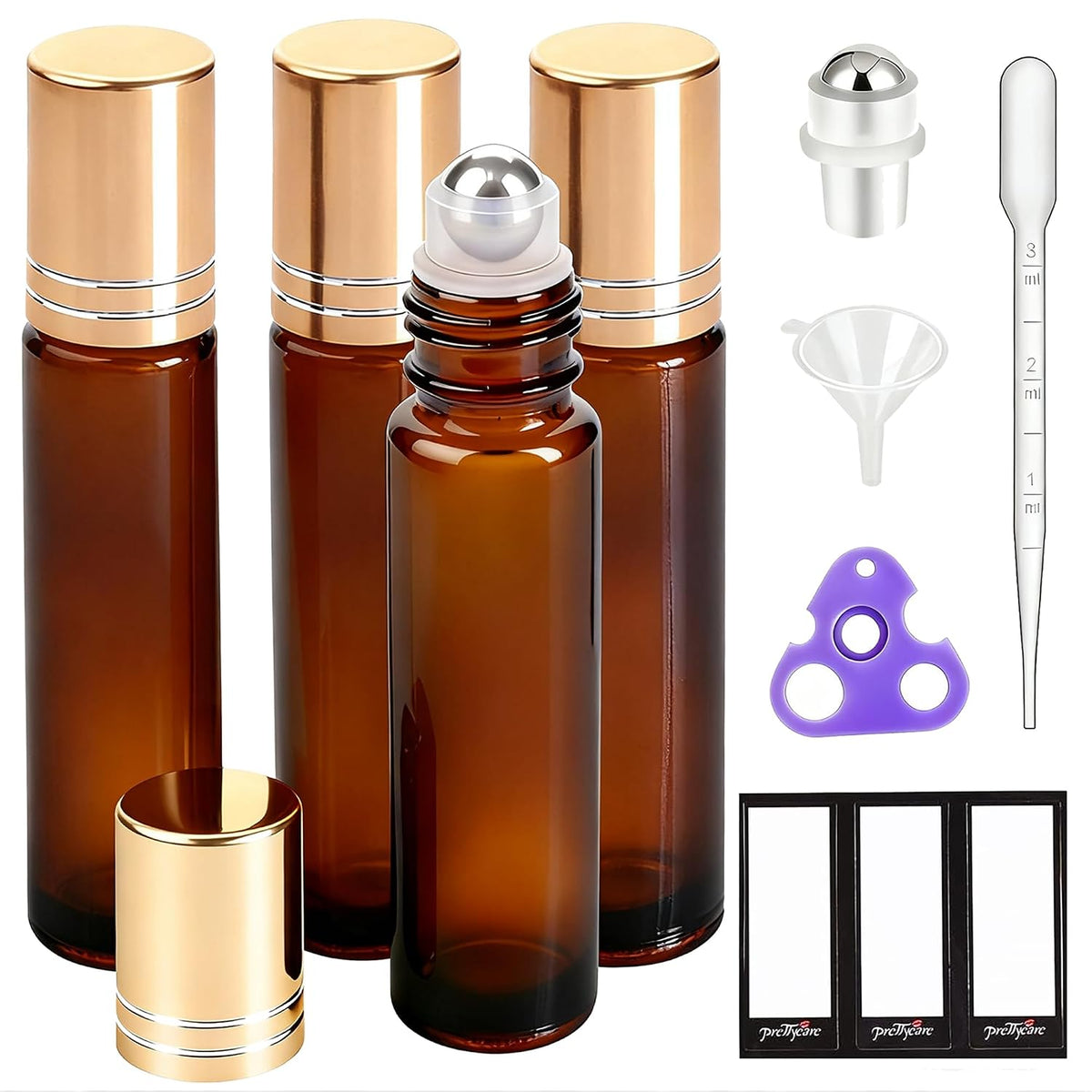 PrettyCare 4 Pack Amber Glass Oil Roller Bottles for Essential Oils 10ml