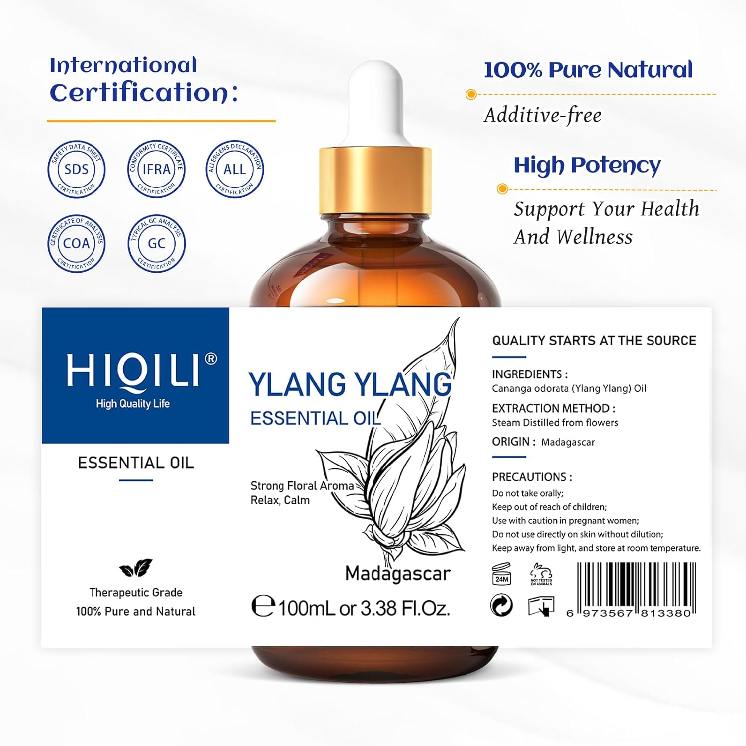 HIQILI Ylang-Ylang Essential Oil, Long-Lasting Scent for Diffuser, Perfumes, Aromatherapy, DIY - 3.38 Fl Oz