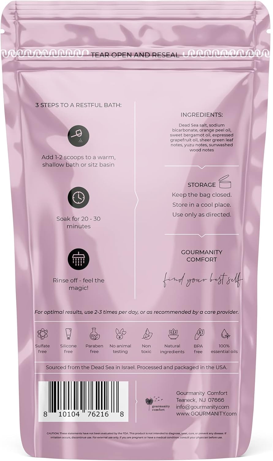 Gourmanity Comfort Sitz Bath Salt for Postpartum Care, Soothing Combination of Dead Sea Salt and Essential Oils to Refresh Your Body, Natural Ingredients, Harvested from the Dead Sea, 32oz