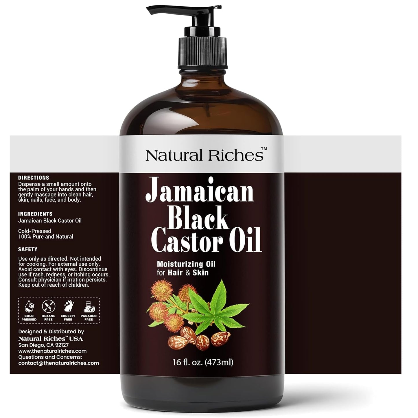 Natural Riches Jamaican Black Castor Oil Glass Bottle Pure Organic Cold Pressed for Hair Growth Skin Care for Dry Skin Conditioning Eyebrows Eyelashes Scalp and Nail Moisturizes & Repairs 16fl.oz.