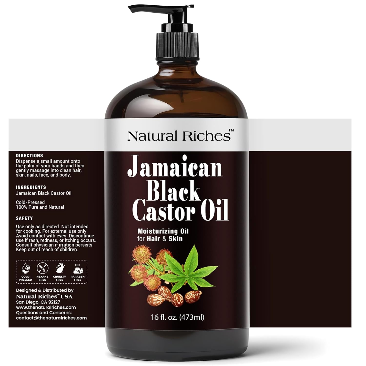 Natural Riches Jamaican Black Castor Oil Glass Bottle Pure Organic Cold Pressed for Hair Growth Skin Care for Dry Skin Conditioning Eyebrows Eyelashes Scalp and Nail Moisturizes & Repairs 16fl.oz.