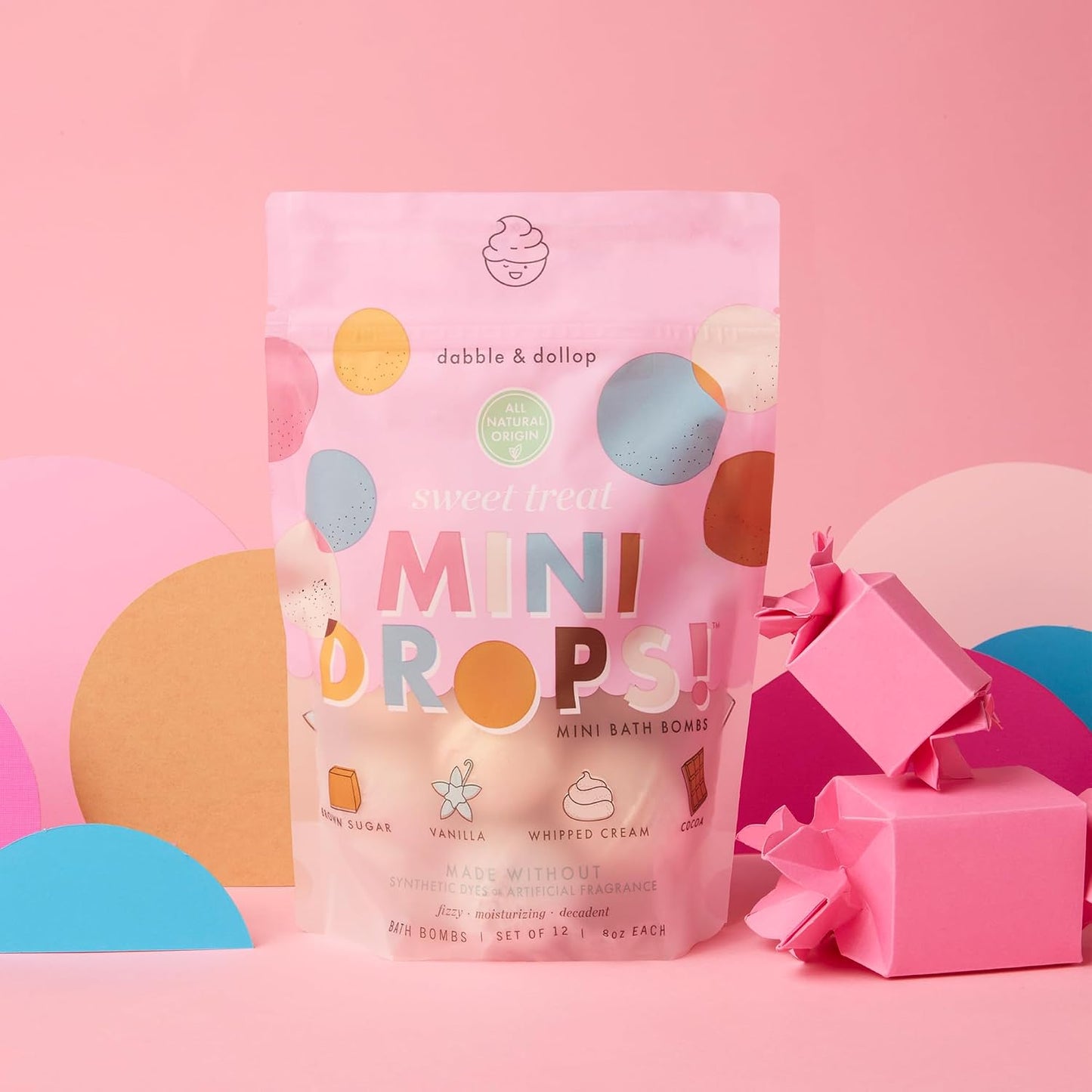 Dabble & Dollop Mini Bath Bombs, Sweet Treat Scents - Natural Origin, Mixable Scents, Clean Ingredients, No Synthetic Dyes, Toddler & Kids Bath Bombs in Resealable Pouches (Set of 24)