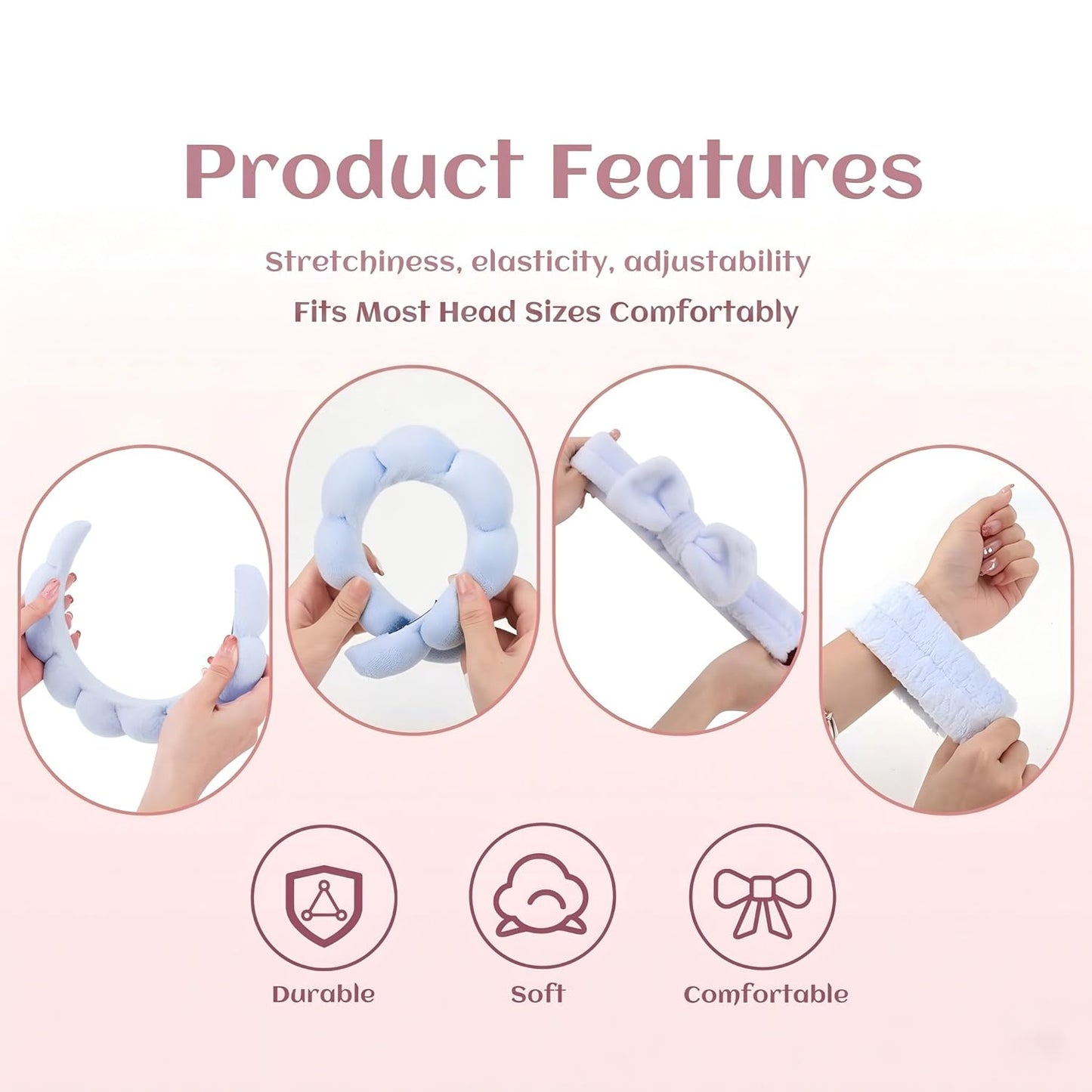Headband for Washing Face and Wristband Set, Blue | Soft absorbent fabric, snug head-hugging fit for face washing, skincare, makeup, masks, travel, women and teen girls