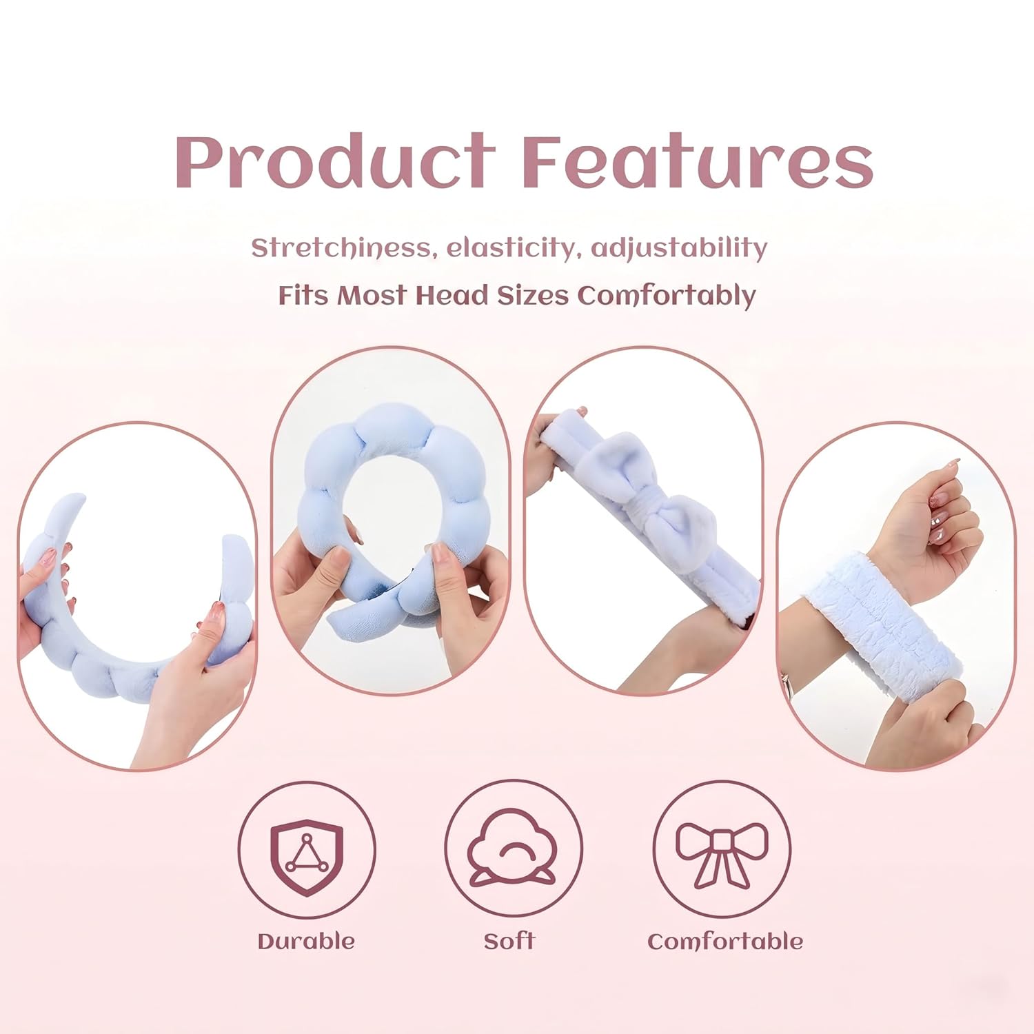Headband for Washing Face and Wristband Set, Blue | Soft absorbent fabric, snug head-hugging fit for face washing, skincare, makeup, masks, travel, women and teen girls