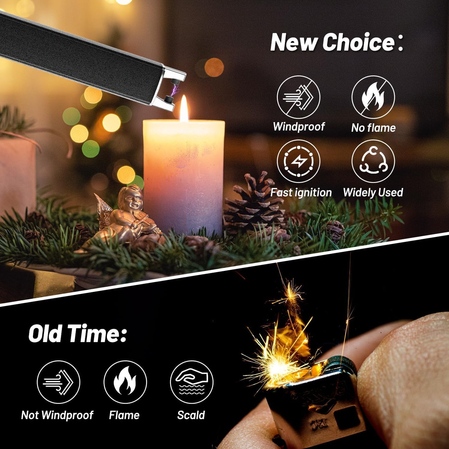 Electric Candle Lighter, Windproof, Safety Lock, USB Type-C, Rechargeable Lighter with Led Display, for Candle BBQ Camping Festivals (Black)