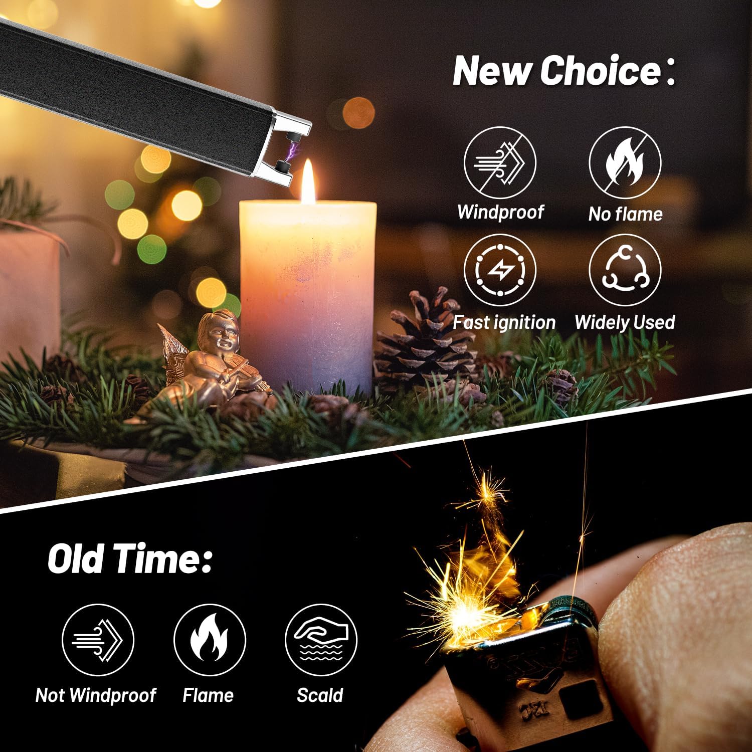 Electric Candle Lighter, Windproof, Safety Lock, USB Type-C, Rechargeable Lighter with Led Display, for Candle BBQ Camping Festivals (Black)