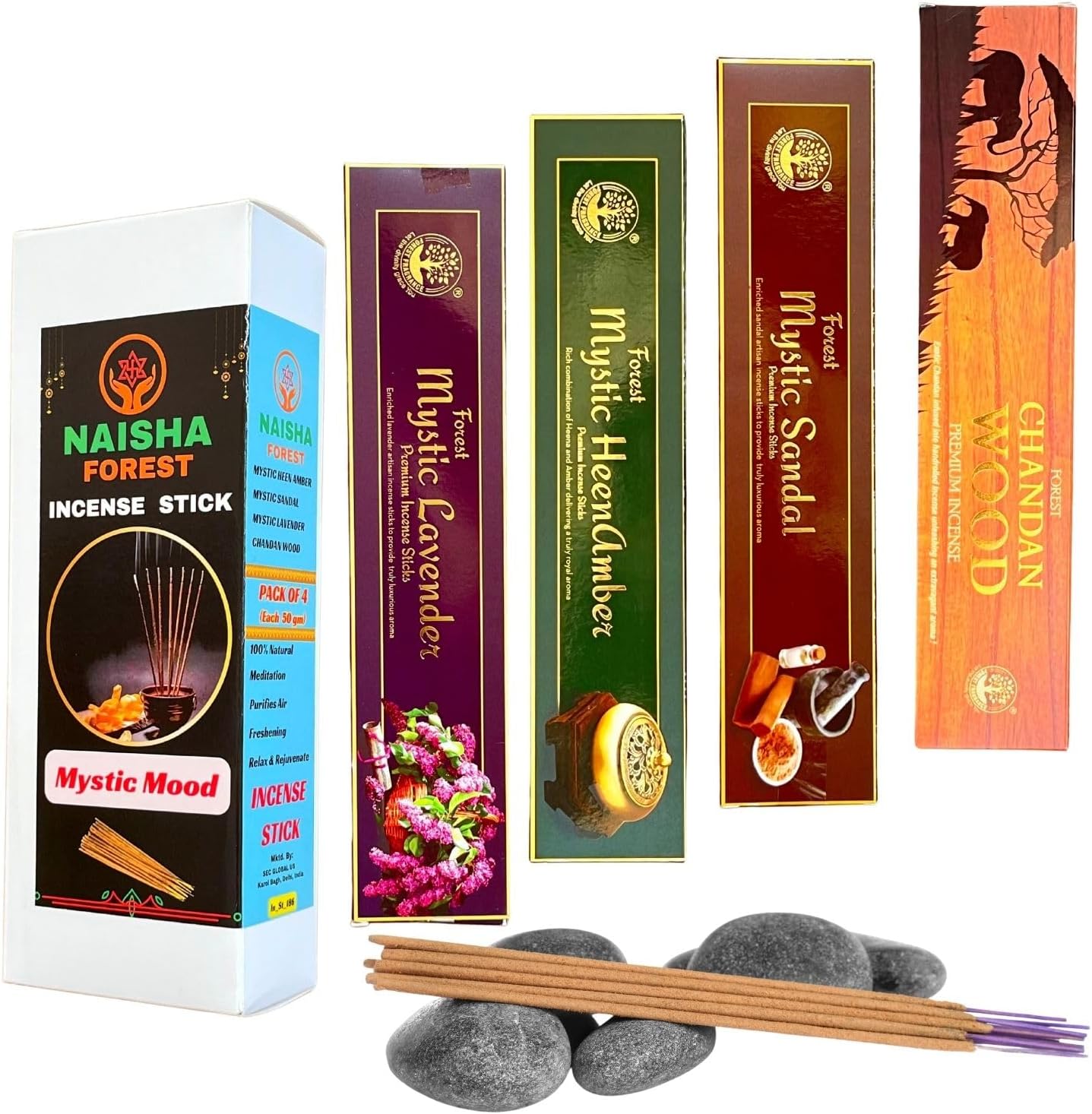Naisha Incense Sticks Set of 4 (50 Gm Each) Spiritual Gift for Purification & Meditation, Indian Aromatherapy Set, Mystic Lavender, Mystic HeenAmber, Mystic Sandal, Chandan Wood (Mystic Mood)