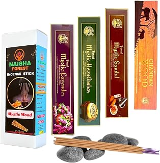 Naisha Incense Sticks Set of 4 (50 Gm Each) Spiritual Gift for Purification & Meditation, Indian Aromatherapy Set, Mystic Lavender, Mystic HeenAmber, Mystic Sandal, Chandan Wood (Mystic Mood)