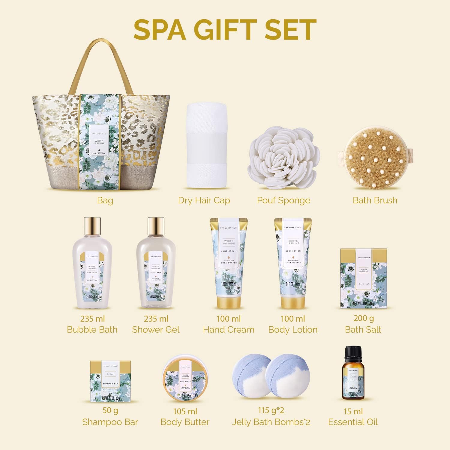 Spa Luxetique Gifts for Women 15pcs White Jasmine Gift Baskets for Women Luxury Relaxing Spa Kit with Tote Bag Birthday Gifts for Mom Friend Sister Wife Grandma Mothers Day Gift for Her