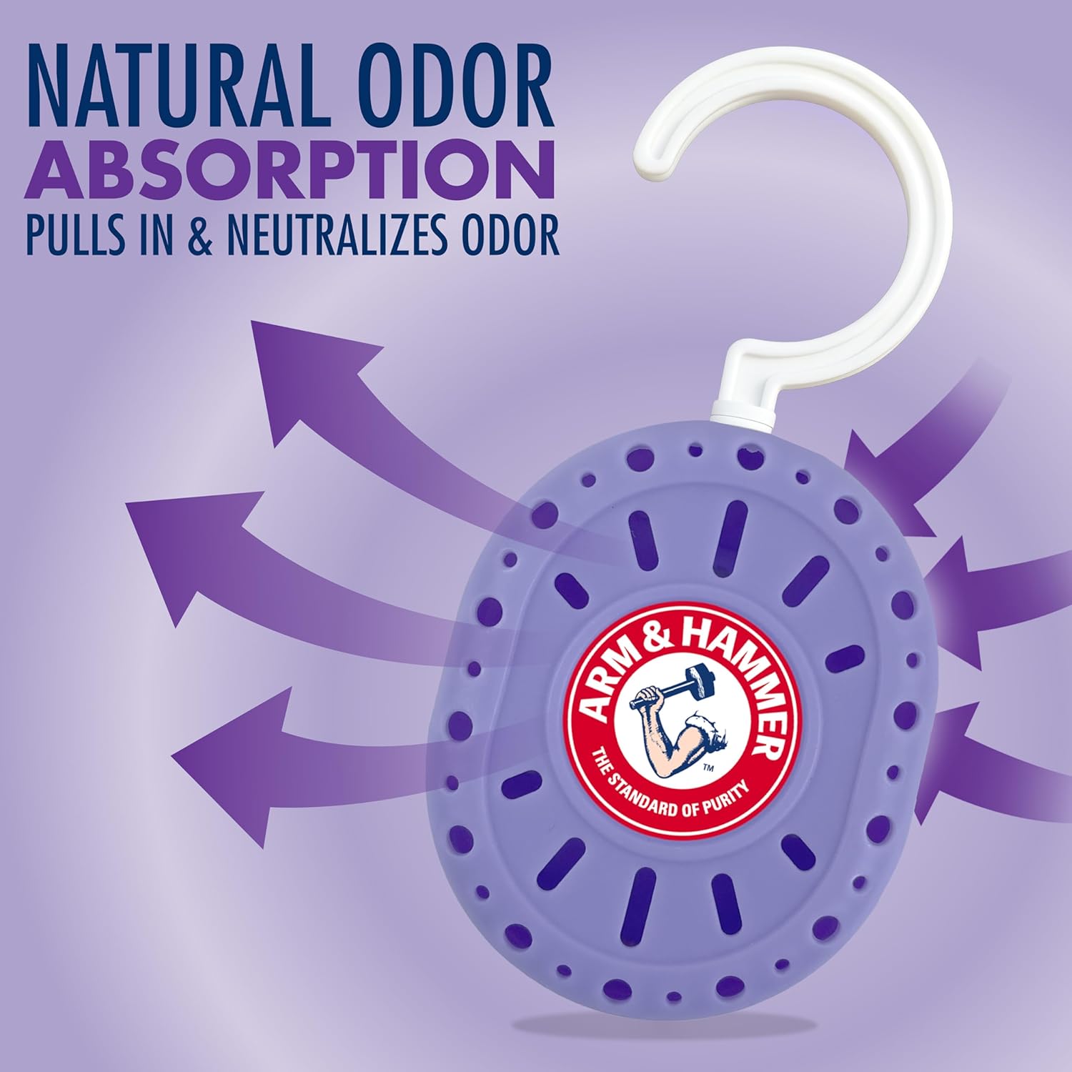 Arm & Hammer OdorBusterz ClosetMATE™, Lavender, 4 Count – Hanging Odor Absorber with Baking Soda, 360° Rotating Hook for Closets, Lockers & Storage Areas