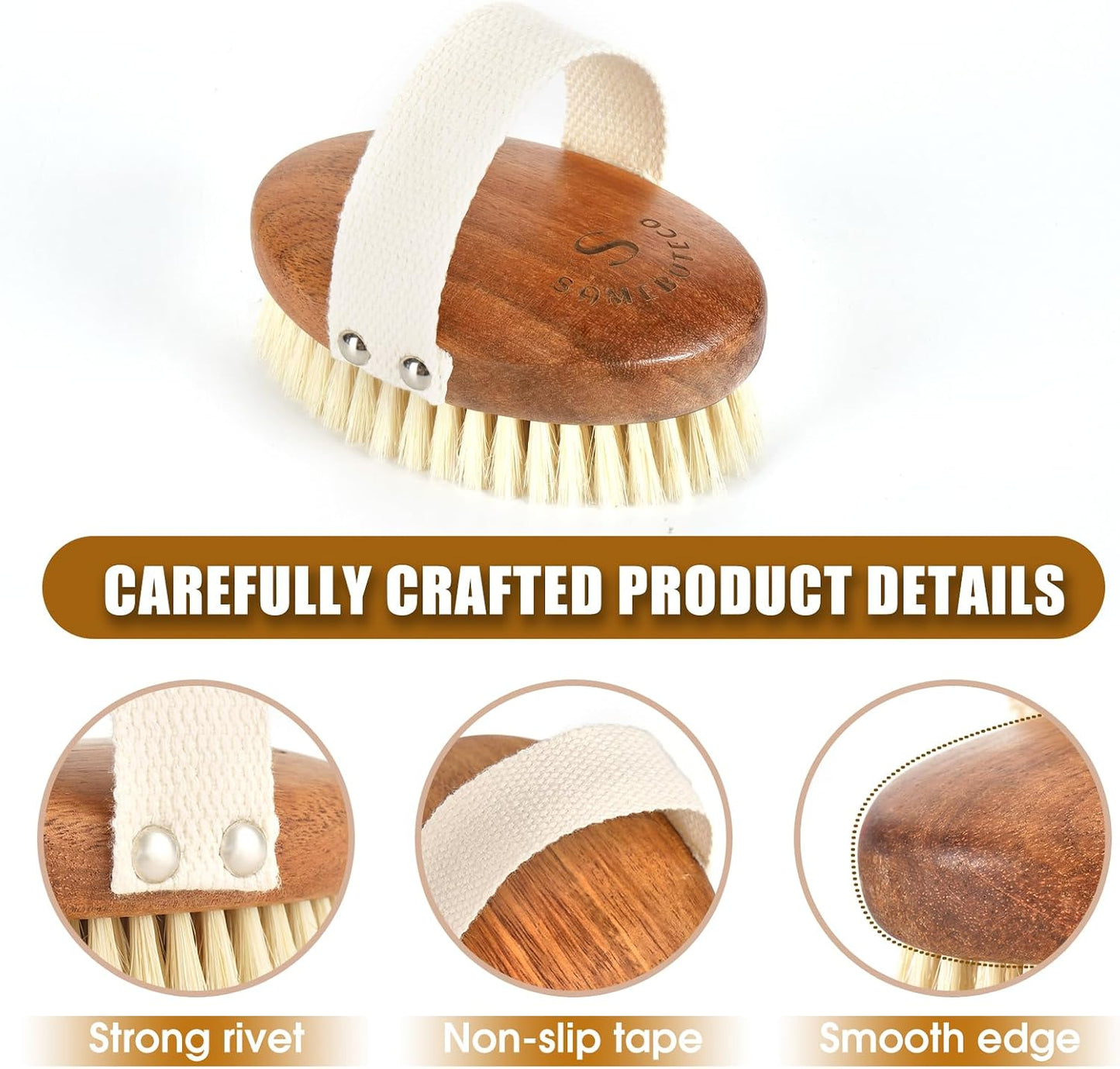 SAMEBUTECOBody Brush Solid Acacia Wood Boar Long Bristles Bath Brush for Skin Exfoliation,Lymphatic Drainage Improvement Oval Shape Dry Brush Comfort to Hold Works