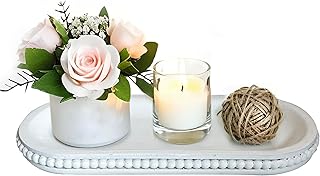 dwellington Wooden Farmhouse Decorative Tray, 12in Rustic Beaded Tray for Living Room Decor, Kitchen Table Décor, Oval Coffee Table Serving Tray (White)
