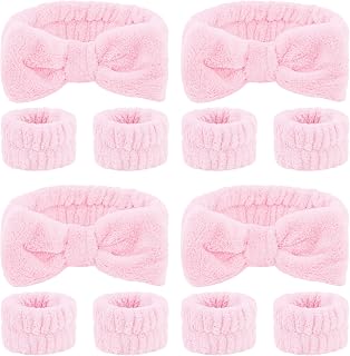 CIEHER 12 PCS Pink Makeup Headband for Women Wrist Washband Scrunchies Cuffs for Washing Face, Soft Bow Hair Band Matching Wristbands, Spa Headband Coral Fleece