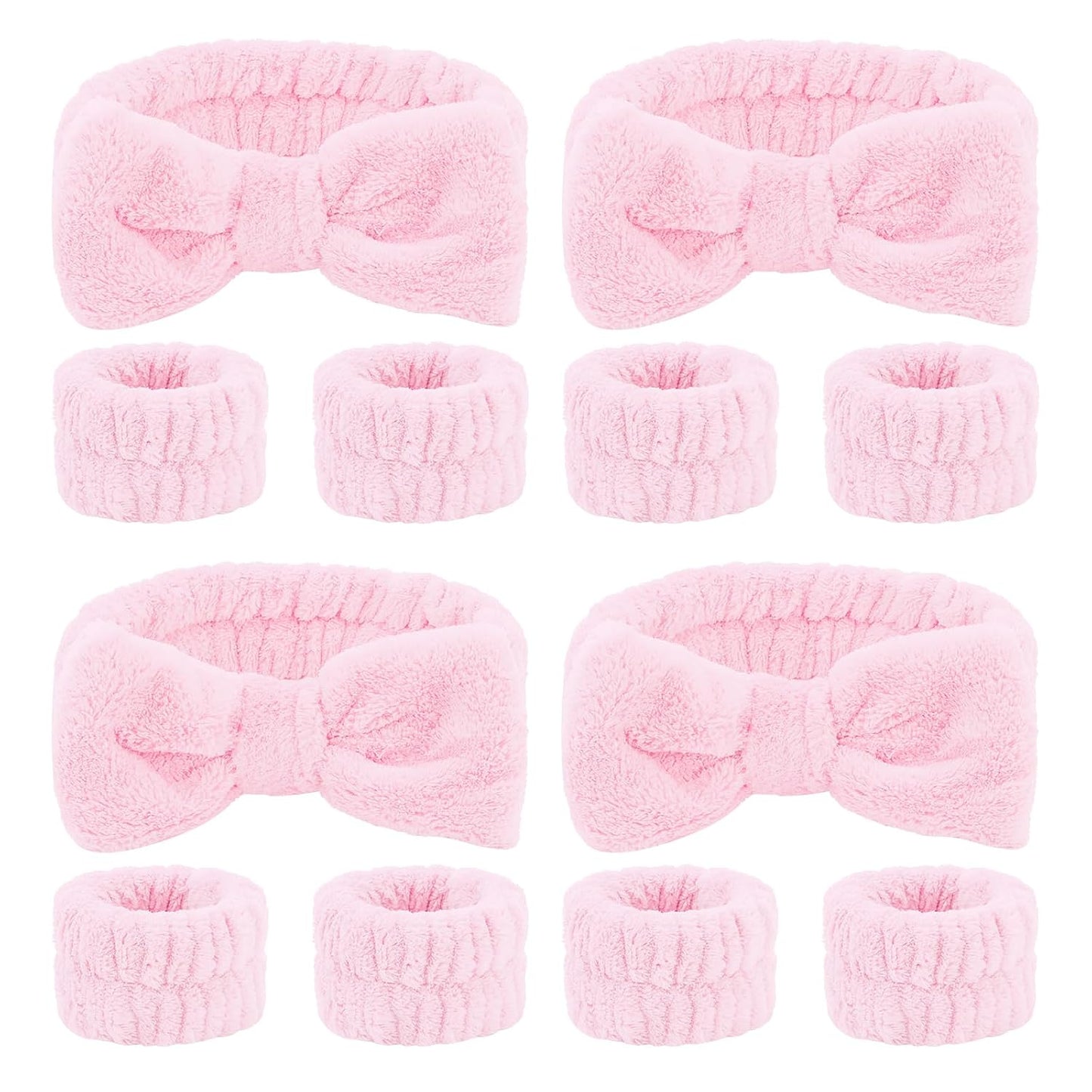 CIEHER 12 PCS Pink Makeup Headband for Women Wrist Washband Scrunchies Cuffs for Washing Face, Soft Bow Hair Band Matching Wristbands, Spa Headband Coral Fleece