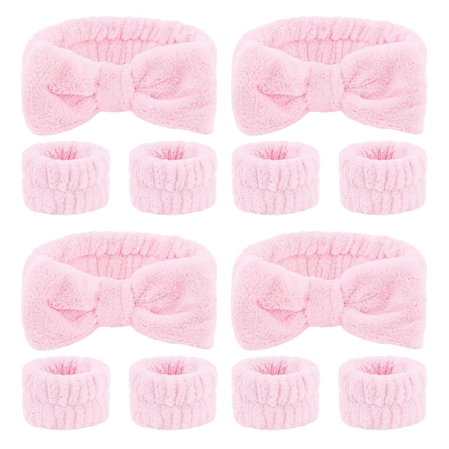CIEHER 12 PCS Pink Makeup Headband for Women Wrist Washband Scrunchies Cuffs for Washing Face, Soft Bow Hair Band Matching Wristbands, Spa Headband Coral Fleece