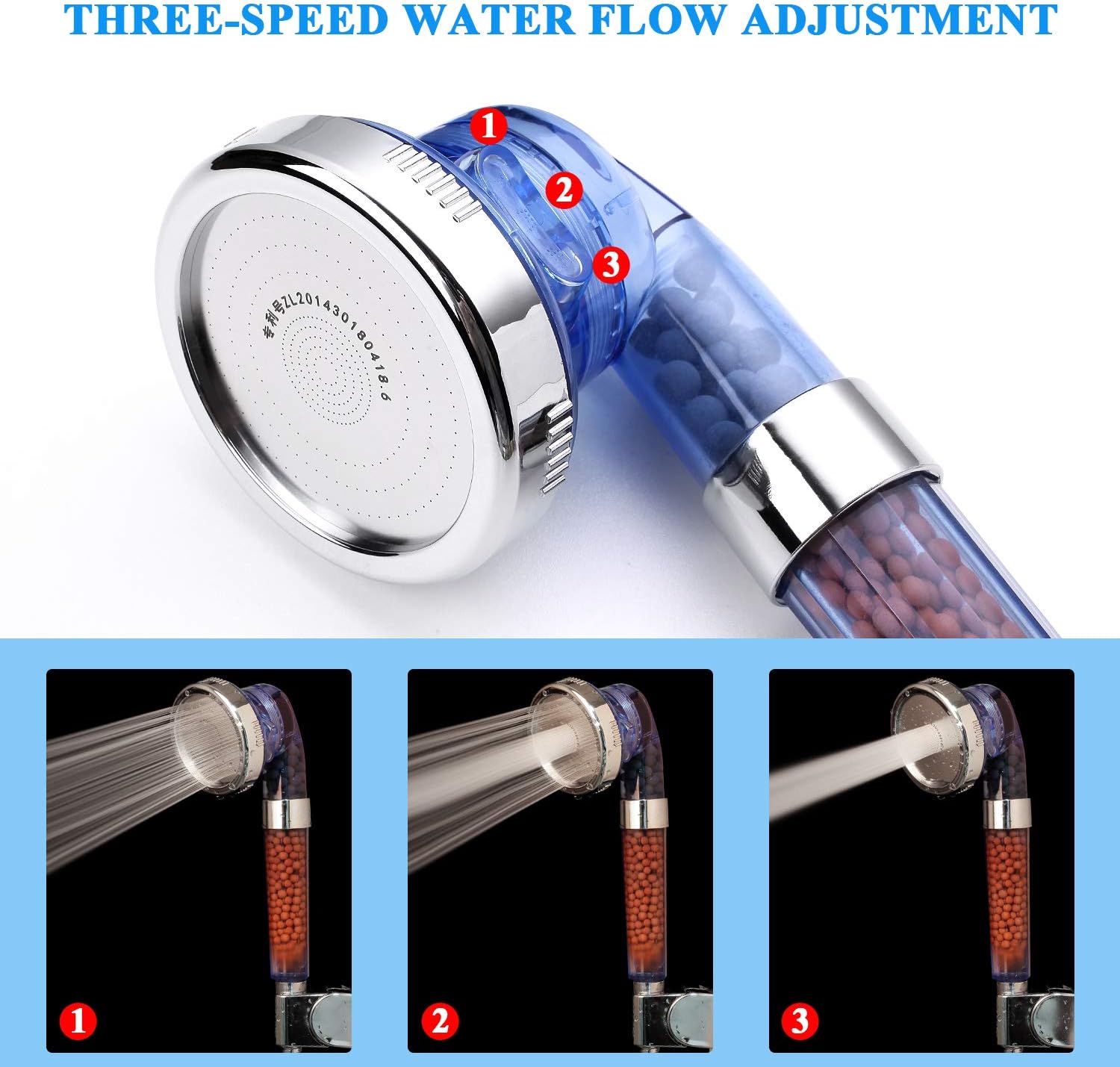Detachable Ionic Filter Shower Head, High Pressure Showerhead with 3 Setting, Water Saving and Purify Water Quality, Stone Filter Beads Handheld Shower for Dry Hair and Skin Spa