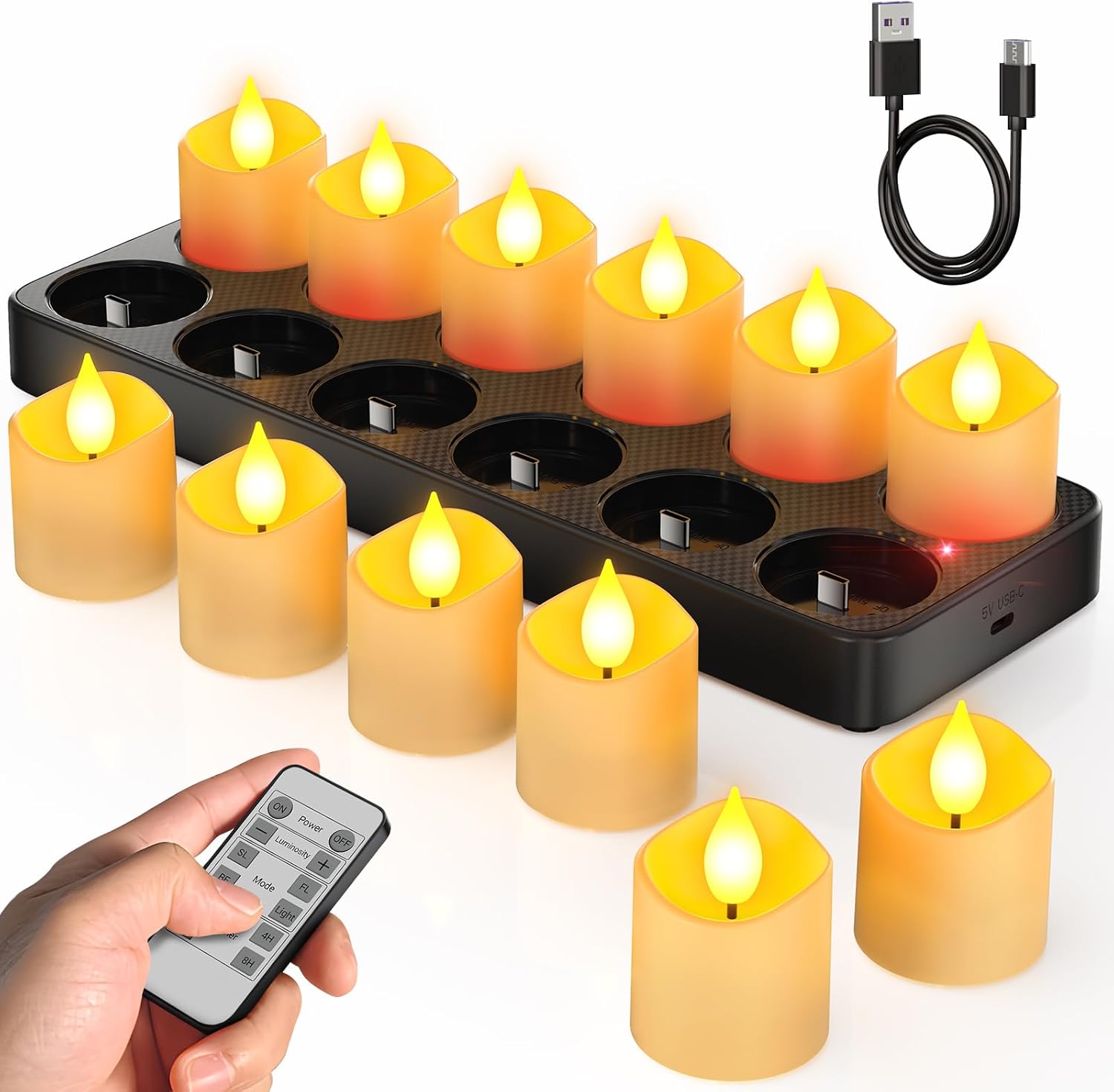 SoulBay Flameless Candles with Remote Timer & Charging Base, 12pcs USB Rechargeable Battery Flickering LED Small Votives Lights for Table Dinner Weddings Holidays General Decor, No Battery Required