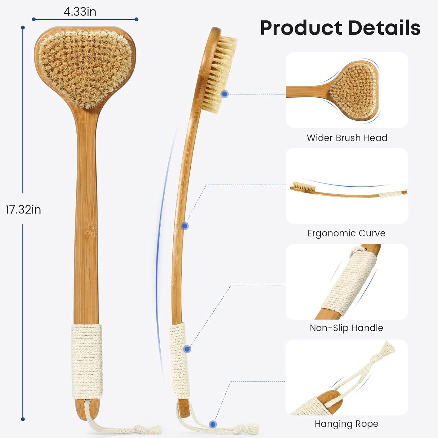 eaxun Bamboo Back Scrubber with Curved Long Handle, 17.3 Inches Exfoliating Shower Brush with Stiff Bristles for Men and Women, Back Washer Body Exfoliator for Bath or Dry Brushing