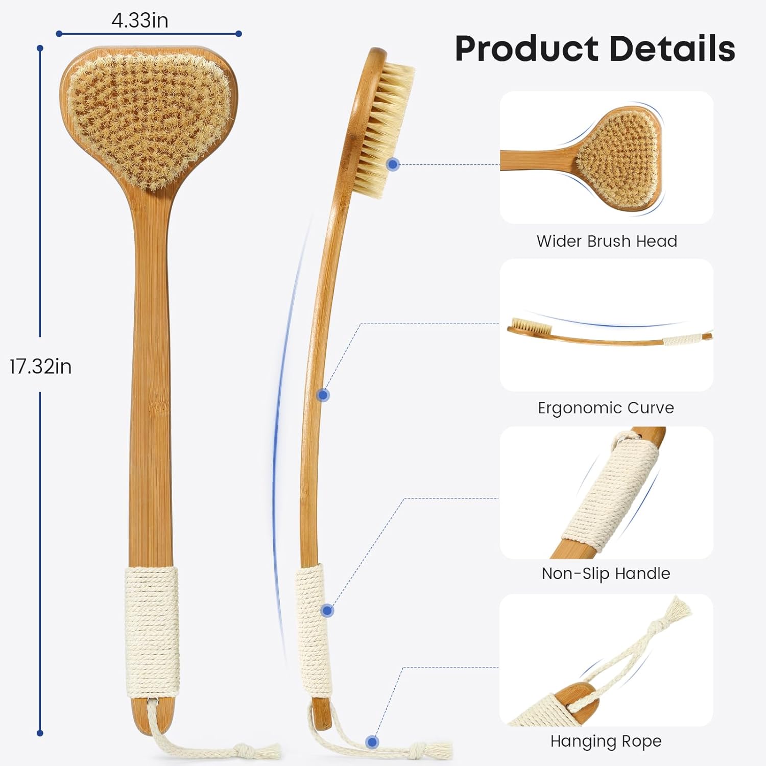 eaxun Bamboo Back Scrubber with Curved Long Handle, 17.3 Inches Exfoliating Shower Brush with Stiff Bristles for Men and Women, Back Washer Body Exfoliator for Bath or Dry Brushing