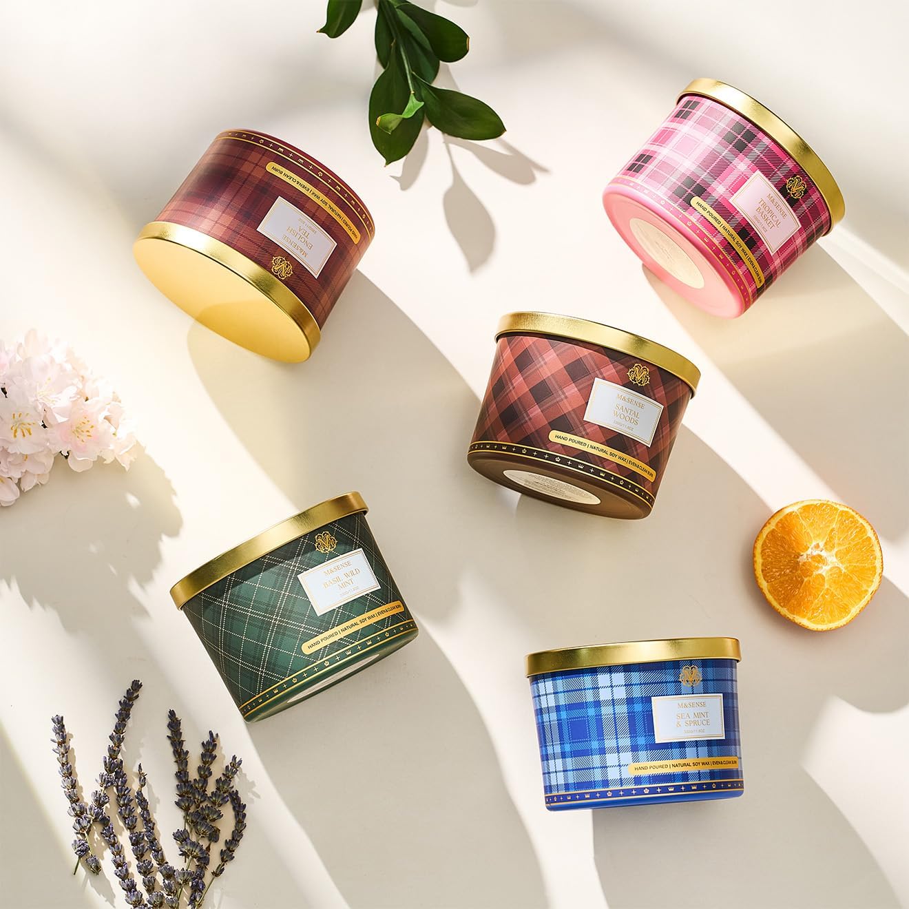 M&SENSE Plaid Pattern 3 Wick Soy Candles,11.64 oz Large Santal Woods Scent Candle for Relaxation, Gifting, Home Décor | for Bedroom, Office, Party