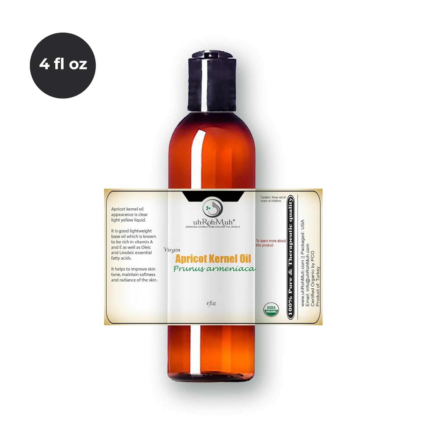 Apricot Kernel Organic Carrier Oil - Cold Pressed Prunus Armeniaca Oil Lightweight Natural Moisturizing Oil for Face Body Hair Care Massage Aromatherapy DIY Soap and Cosmetic Use - 4 Fl Oz - Turkey