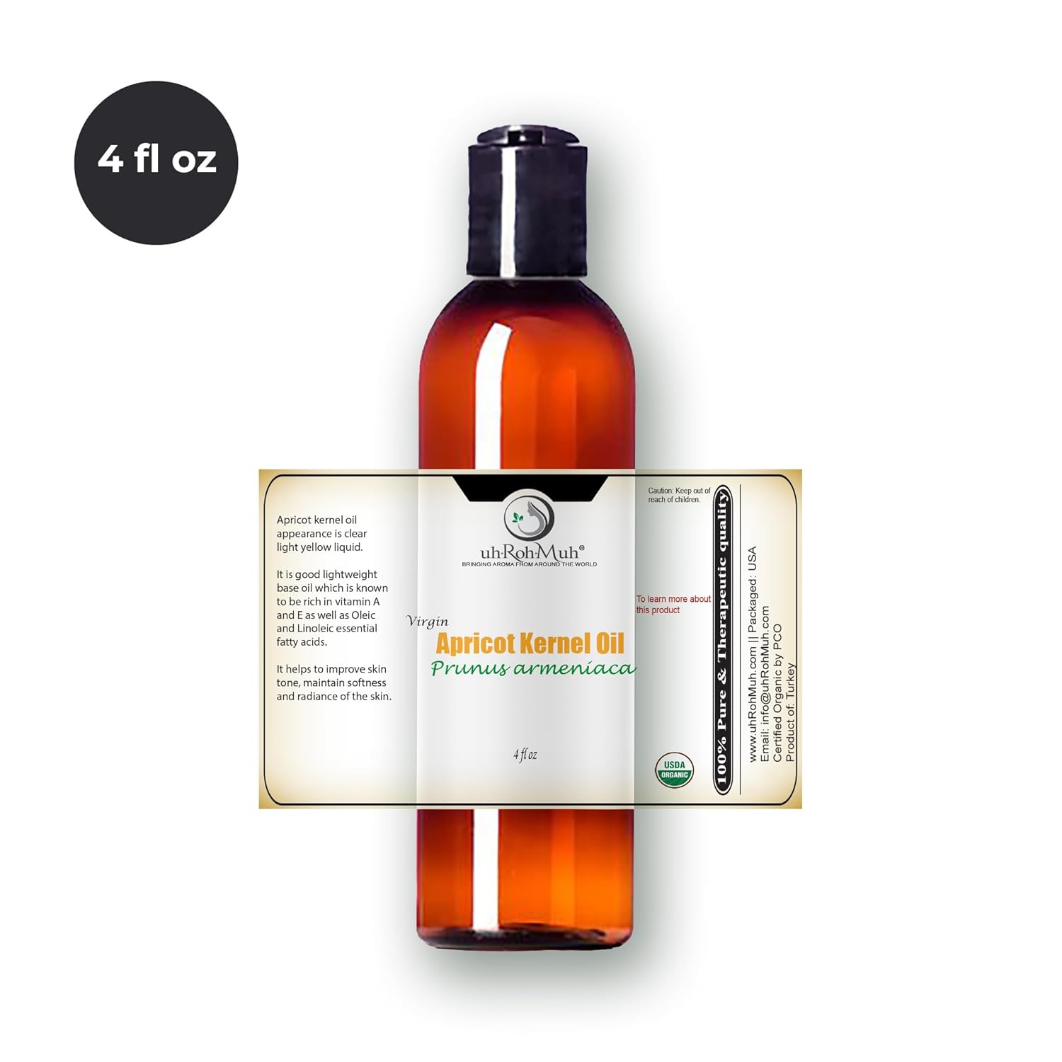 Apricot Kernel Organic Carrier Oil - Cold Pressed Prunus Armeniaca Oil Lightweight Natural Moisturizing Oil for Face Body Hair Care Massage Aromatherapy DIY Soap and Cosmetic Use - 4 Fl Oz - Turkey