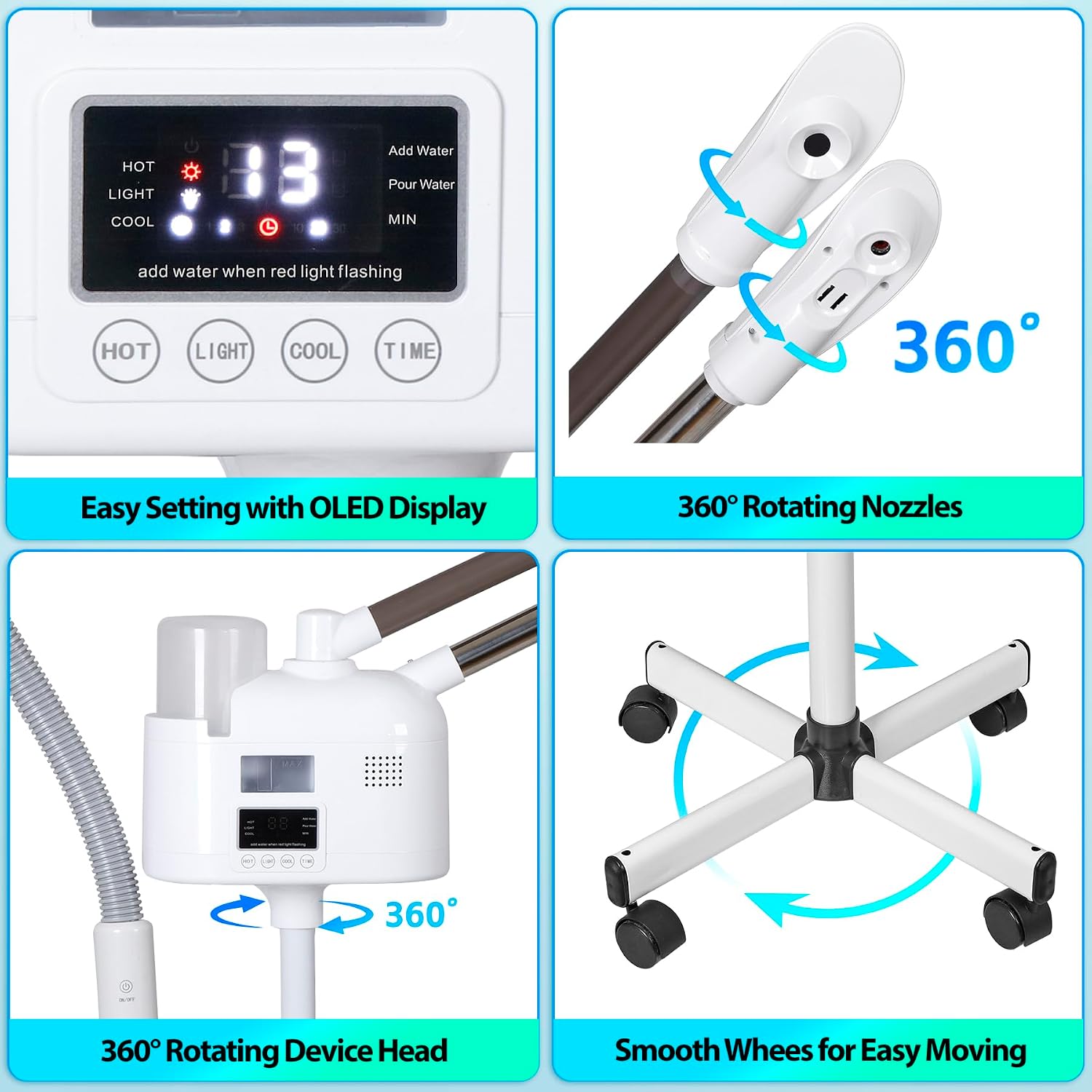 Professional 3 in 1 Facial Steamer Deep Cleaning Ozone Facial Steamer with 5X Magnifying Light & Rolling Wheels Hot/Cold Mist Function for Salon Spa Home Beauty Equipment, White