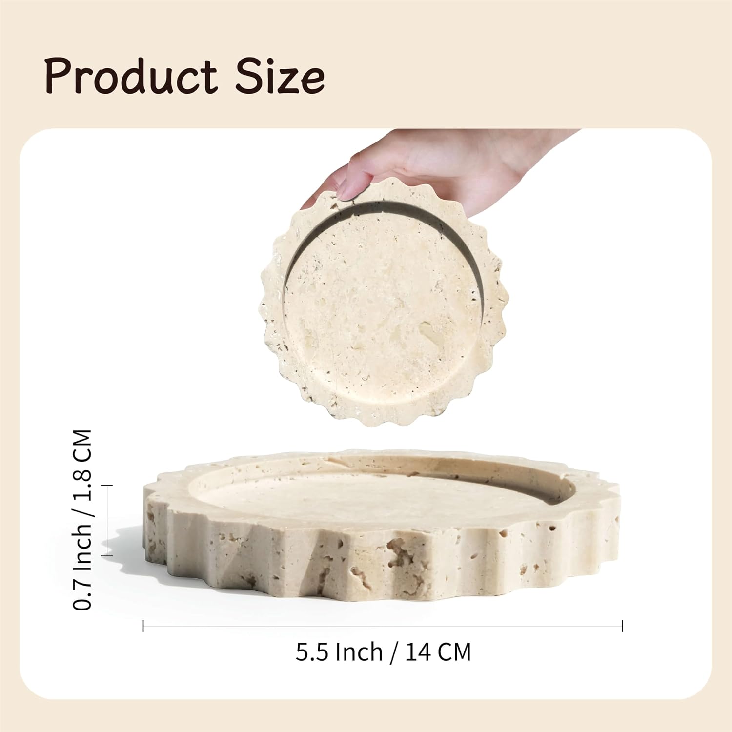 5.5 Inch Small Scallop Edge Tray, Hand-Carved Natural Stone Jewelry Holder, Travertine & Marble Vanity Tray for Rings, Candles, or Keys (Travertine)