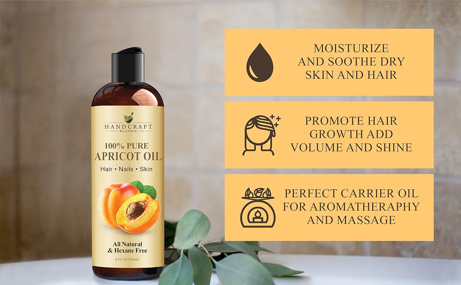 Handcraft Blends Apricot Kernel Oil - Cold-Pressed 8 Fl Oz - 100% Pure and Natural - Premium Grade Carrier Oil for Skin and Hair - Hair and Body - Massage - Hexane-Free