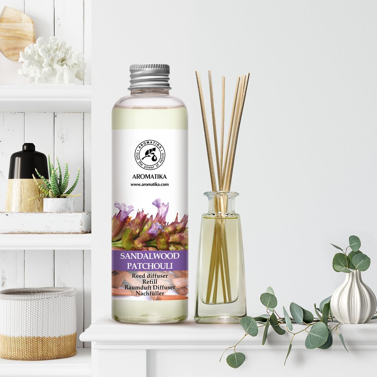 Reed Diffuser Refill Sandalwood & Patchouli 6.4 fl oz - Scented Refill with Essential Oils - Home & Office Fragrance - Aromatherapy - Spa, Boutique