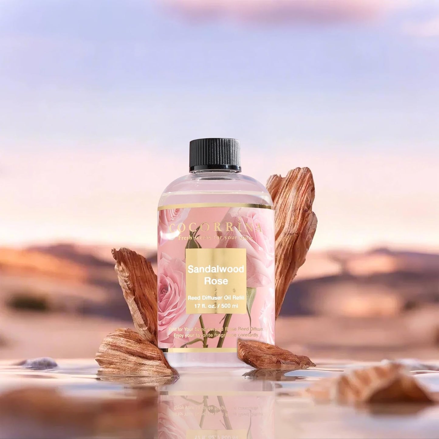 Cocorrína Reed Diffuser Refill Sandalwood Rose 17oz (500ml) with 8 Sticks - Premium Long-Lasting Floral Essential Oil, Home Fragrance for Bedroom, Bathroom Home Decor