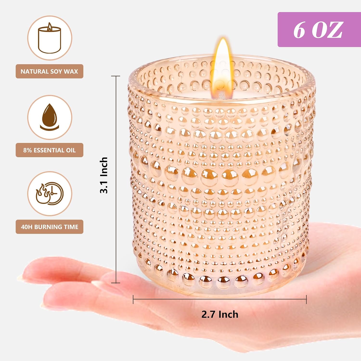 Jasmine Candle, Candles for Home Scented, Luxury Jar Candles for Women, Natural Soy Wax Candle, 6 oz 40 Hours
