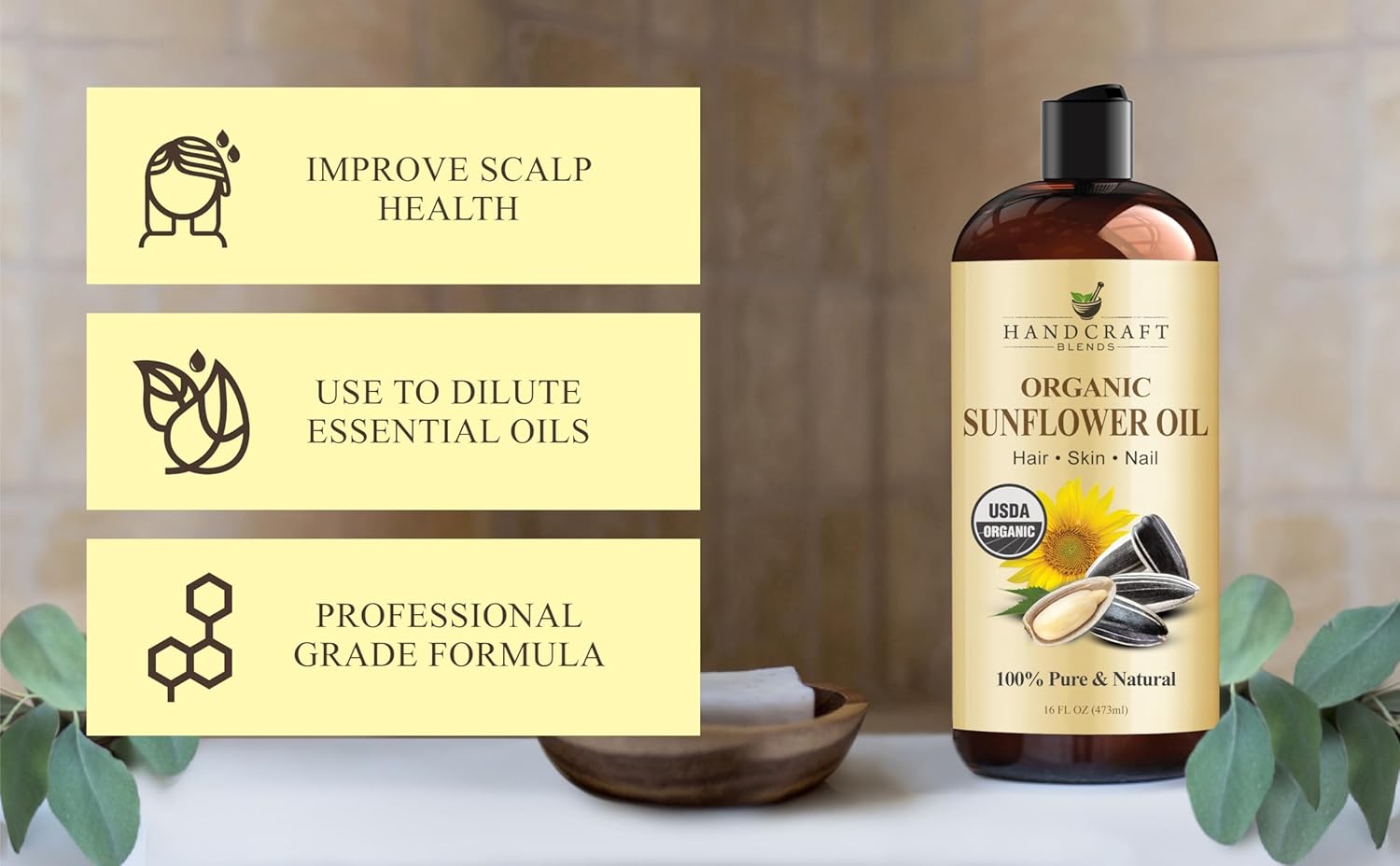 Handcraft Blends USDA Organic Sunflower Oil - Cold-Pressed 16 Fl Oz - 100% Pure and Natural - Premium Grade Carrier Oil for Skin and Hair - Hair and Body - Massage - Hexane-Free