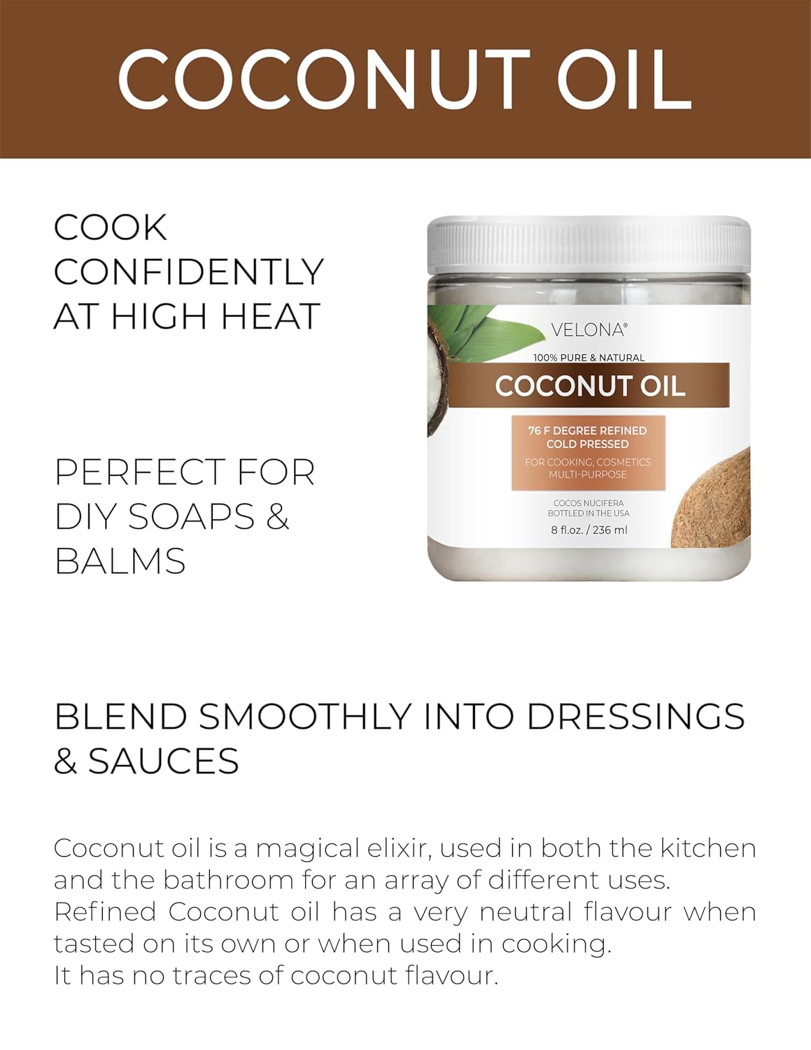 velona Coconut Oil 76 Degree 8 fl oz | 100% Pure and Natural Carrier Oil | in jar | Refined, Cold pressed | Skin, Face, Body, Hair Care | Use Today - Enjoy Results