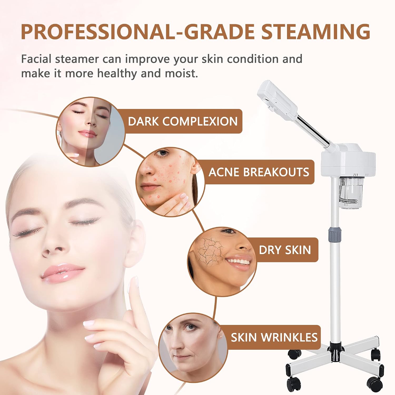 Nova Microdermabrasion Professional Facial Steamer On Wheels Ionic Ozone with Hot Mist Function Stand Facial Steamer for Personal Home Salon Spa Skin Cleaning