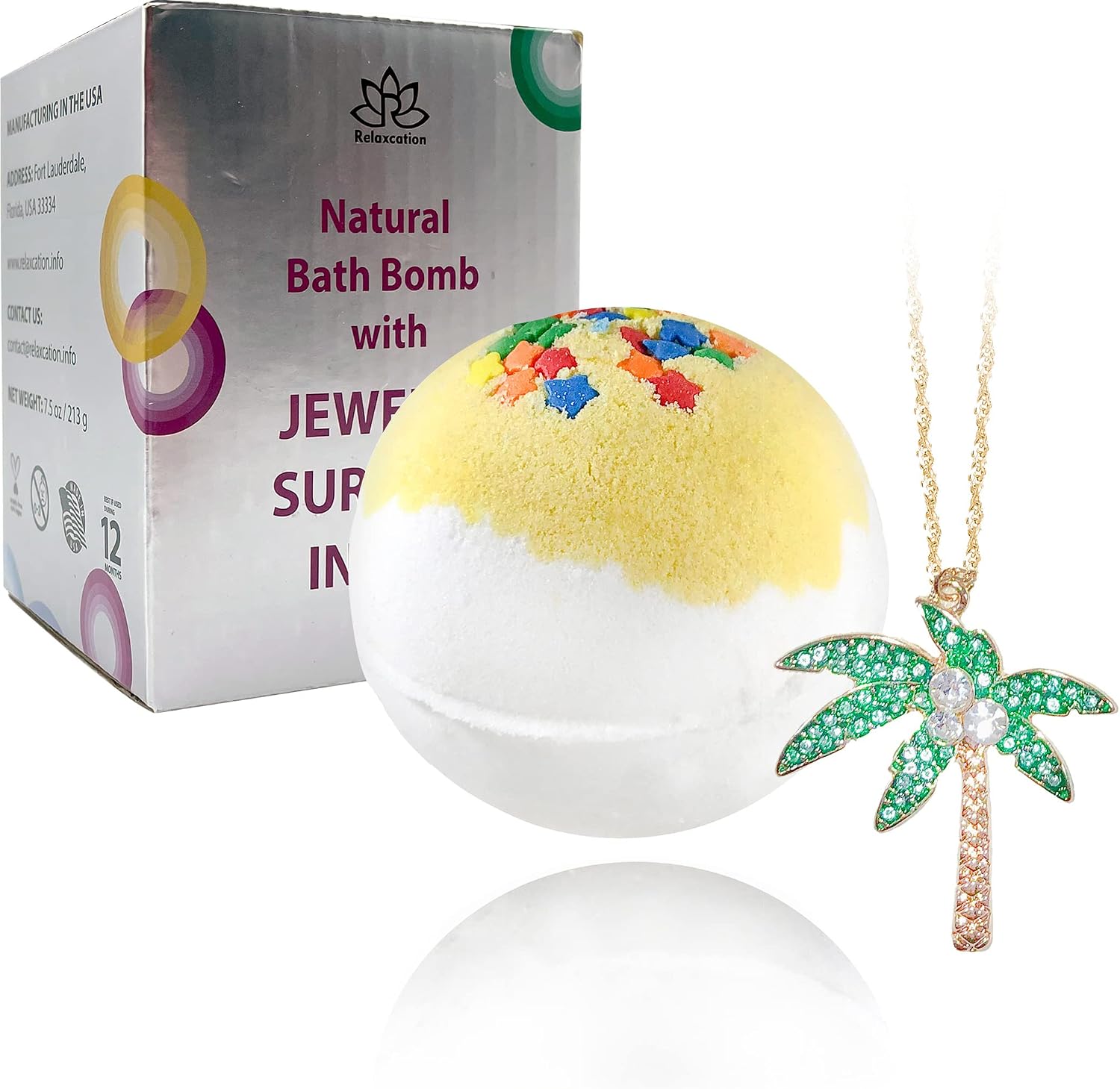 Handmade Bath Bombs with Jewelry Necklace Inside - Beautiful Palm Tree Inside - Fruity Scent with Treasures Inside - Organic Bathbomb in Gift Box for Women, Girls, Her, Mother