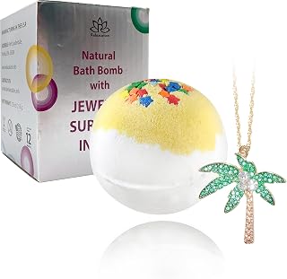 Handmade Bath Bombs with Jewelry Necklace Inside - Beautiful Palm Tree Inside - Fruity Scent with Treasures Inside - Organic Bathbomb in Gift Box for Women, Girls, Her, Mother