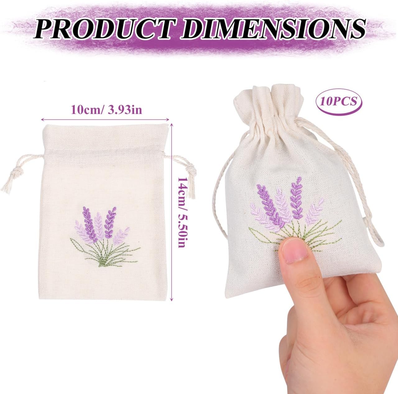10pcs Empty Sachet Bags, Refillable Embroidered Lavender Cotton Bags Small Drawstring Lavender Holder Resuable Perfume Pouches DIY Craft Gifts for Spice, Dry Flower, Aromatic Plants (5.5 X 3.93)