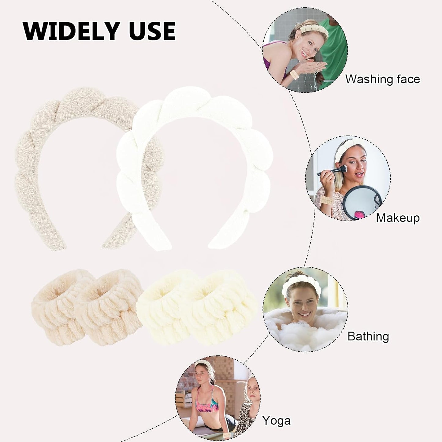 WHAVEL 6PCS Terry Cloth Spa Headband and Wristband Set, Makeup Puffy Sponge Face Wash Headband Hair Band Wrist Towels for Washing Face Women Girls (Beige, Light Coffee)