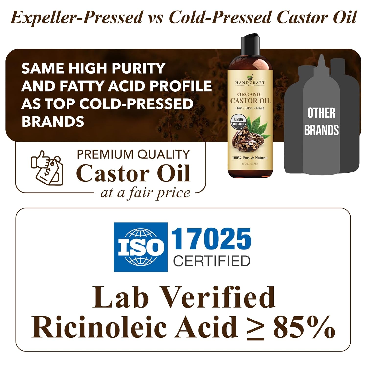 Handcraft Blends Organic Castor Oil 8 Fl Oz | 100% Pure and Natural | Premium Grade Carrier Oil | Hair, Eyelashes and Eyebrows | Hair and Body | Expeller-Pressed | Hexane-Free