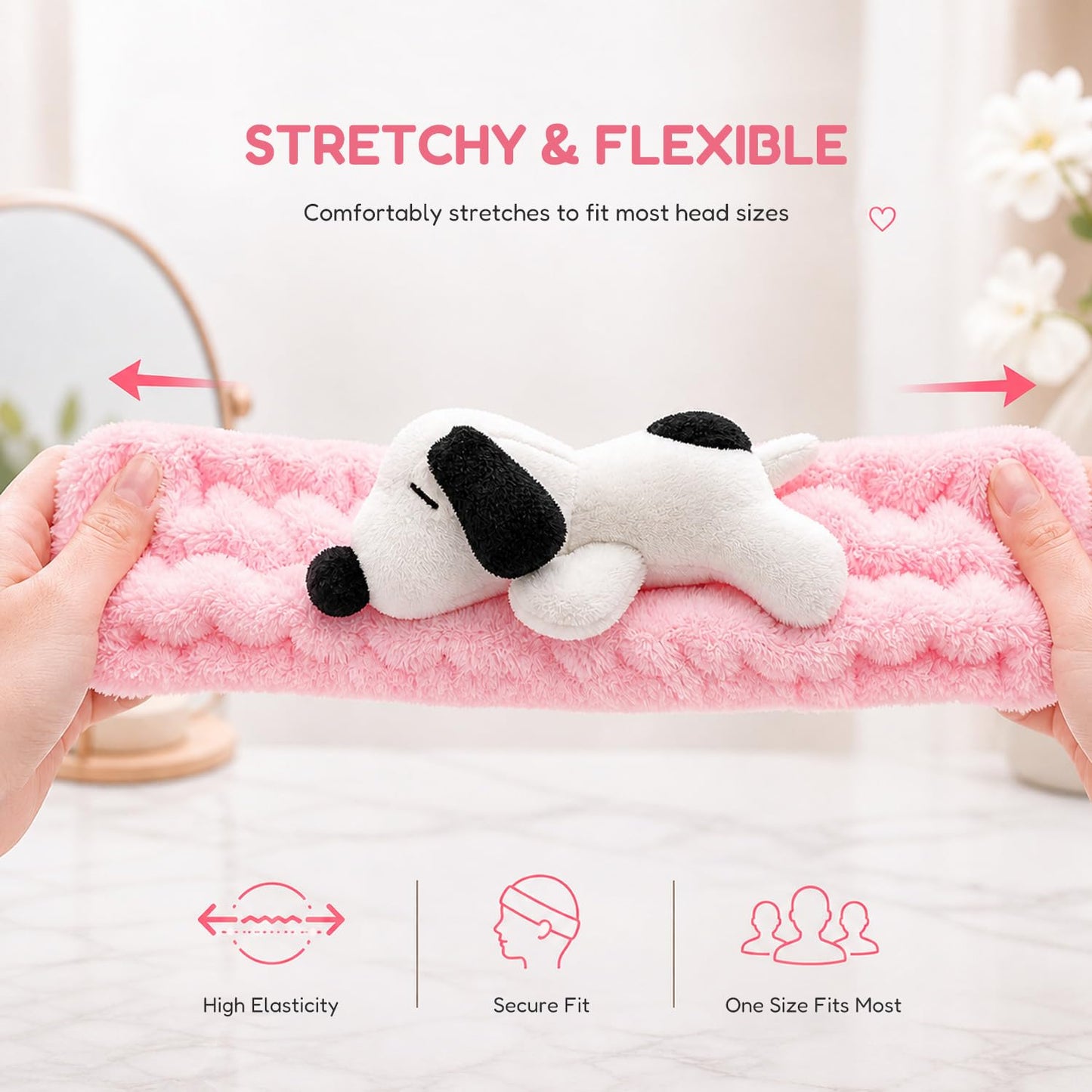 Celavi x Peanuts Snoopy Plush Spa Headband - Soft Pink Makeup Hair Band for Face Washing & Skincare Routine, Cute Facial Accessory for Women & Girls