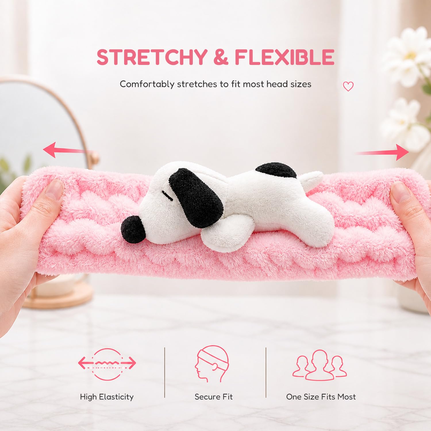 Celavi x Peanuts Snoopy Plush Spa Headband - Soft Pink Makeup Hair Band for Face Washing & Skincare Routine, Cute Facial Accessory for Women & Girls