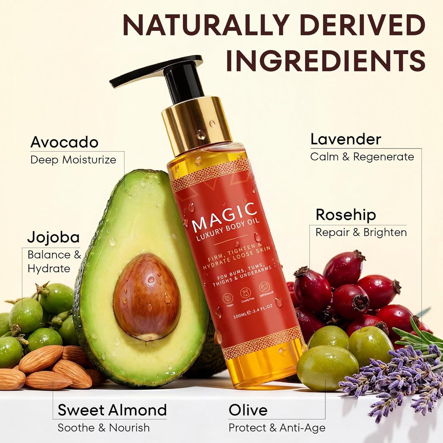 Bealions Magic Body Oil for Women: Firming Hydrating After Shower - Glowing Skin with 8 Natural Oils Almond Rosehip Jojoba - Non-Greasy Formula 3.4 Fl Oz (Cherry Red, Pack of 1)
